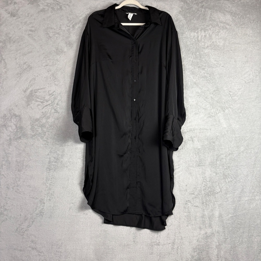 H&M Black Satin Oversized Button Down Shirt Dress Long Sleeve Large Festival